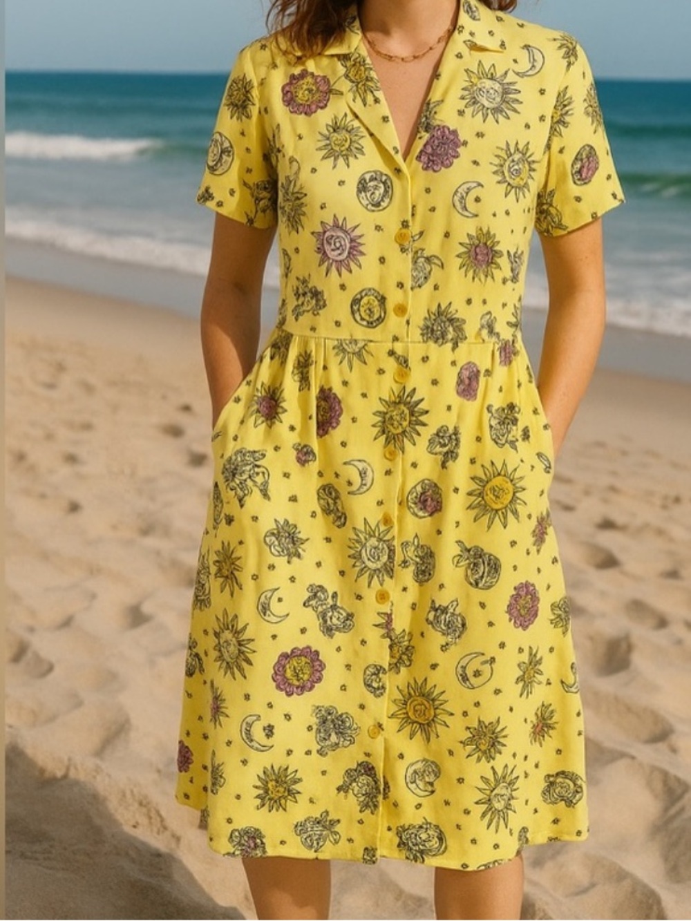 ModCloth Zodiac Print Yellow Button Front Dress Sz Large Astrology Celestial